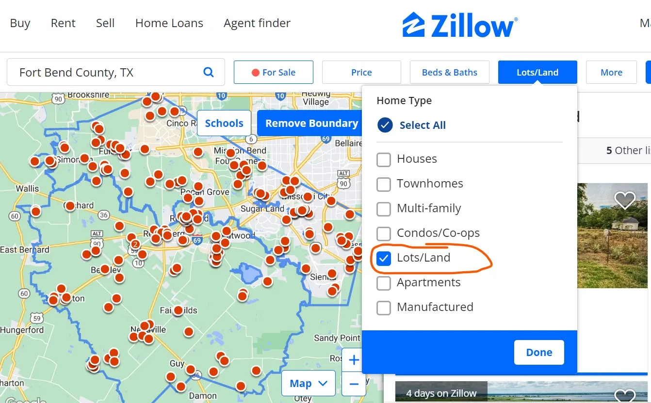 Property type filter for land listings