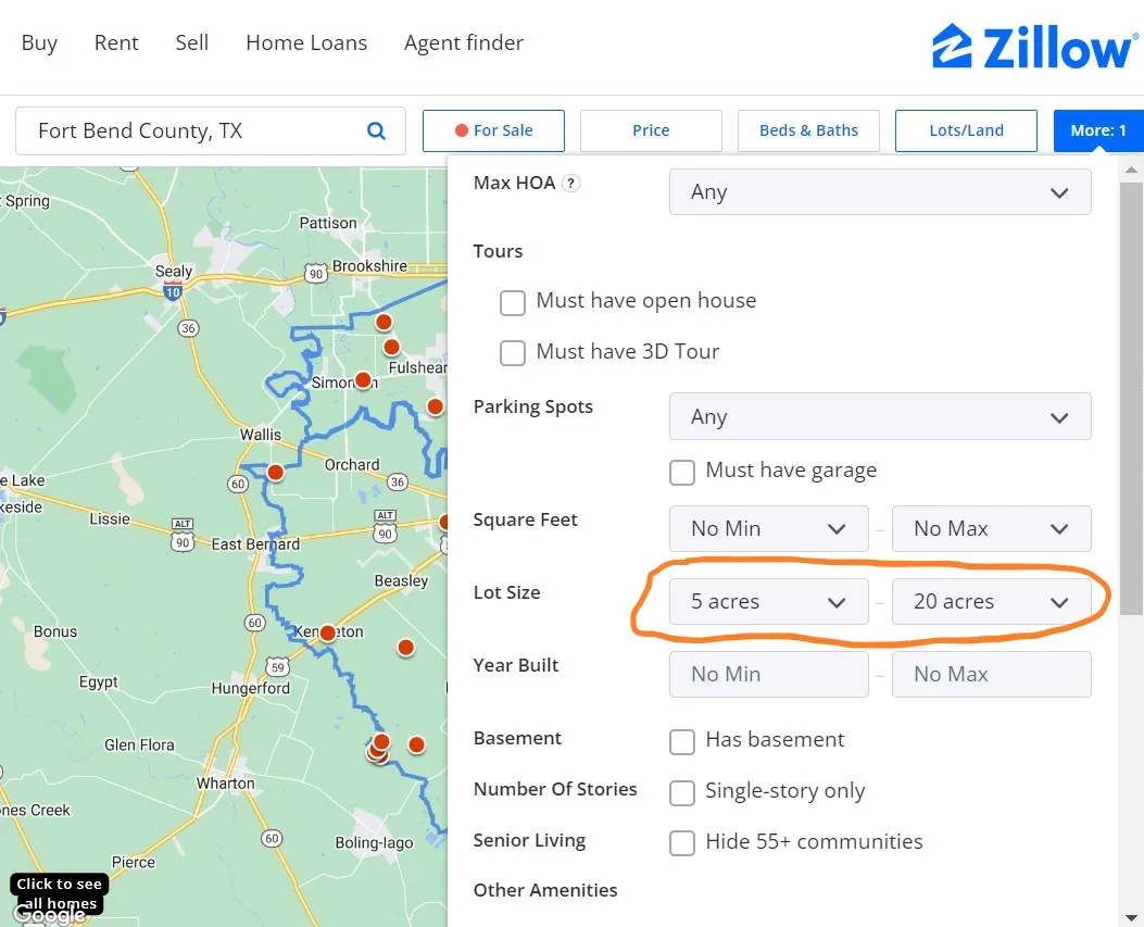 Acreage filter for Texas land comparisons