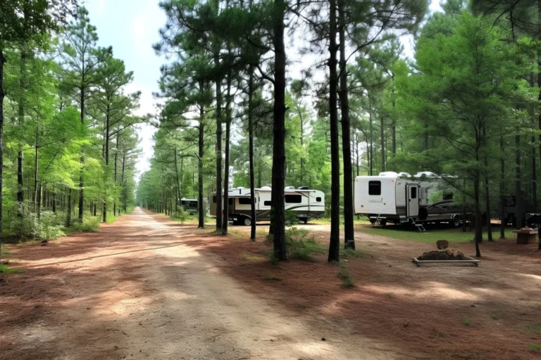 Travel trailers beside a dirt road among tall pine trees