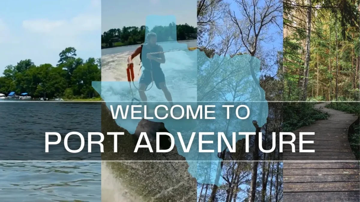 Collage of a lake, a wakeboarder, and a wooded boardwalk with text “Welcome to Port Adventure”