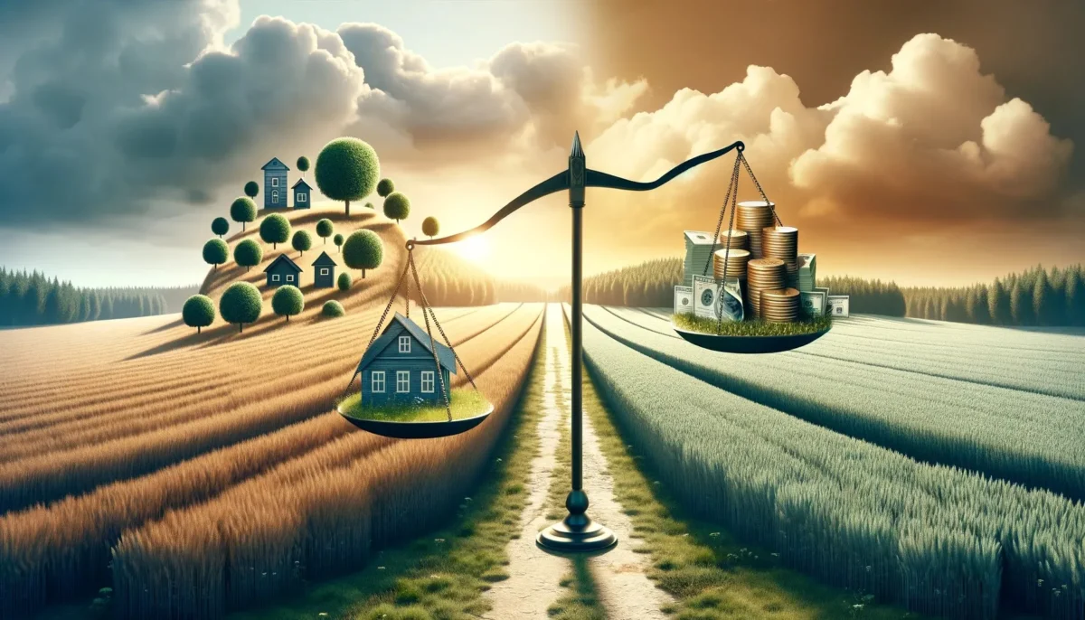 Illustration balancing a rural home against financial assets