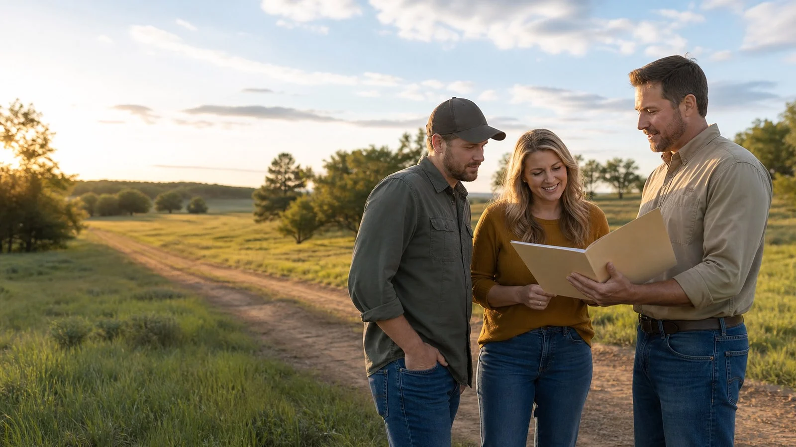 Couple reviewing flexible financing options while visiting rural land