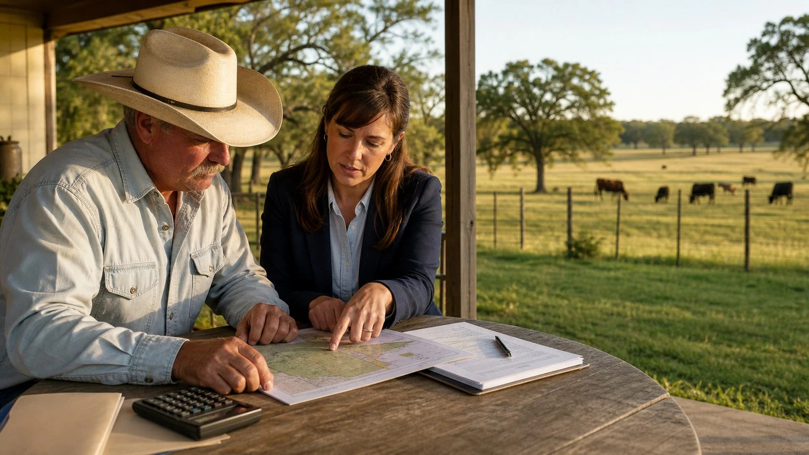 Rural landowner reviewing property documents and tax planning with an adviser