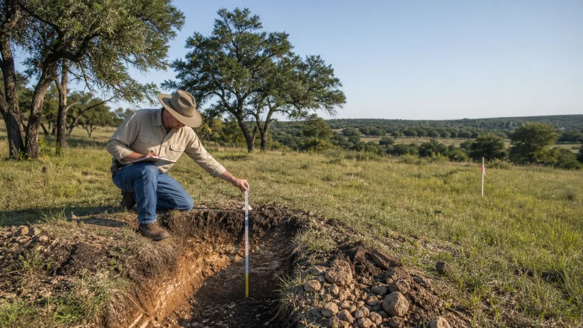 Person examining a soil test pit on grassy rural land
