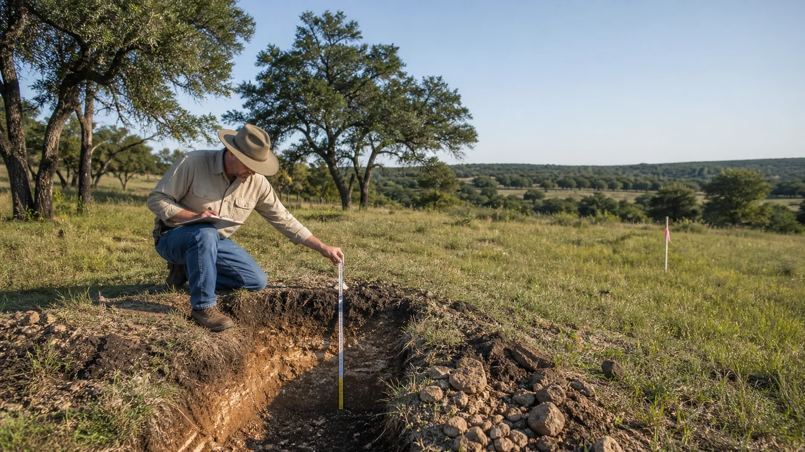 Person examining a soil test pit on grassy rural land